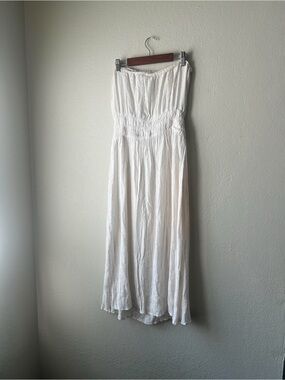 Ramy Brook White Strapless Midi Dress Metallic Lurex Smocked Waist Resort Bridal